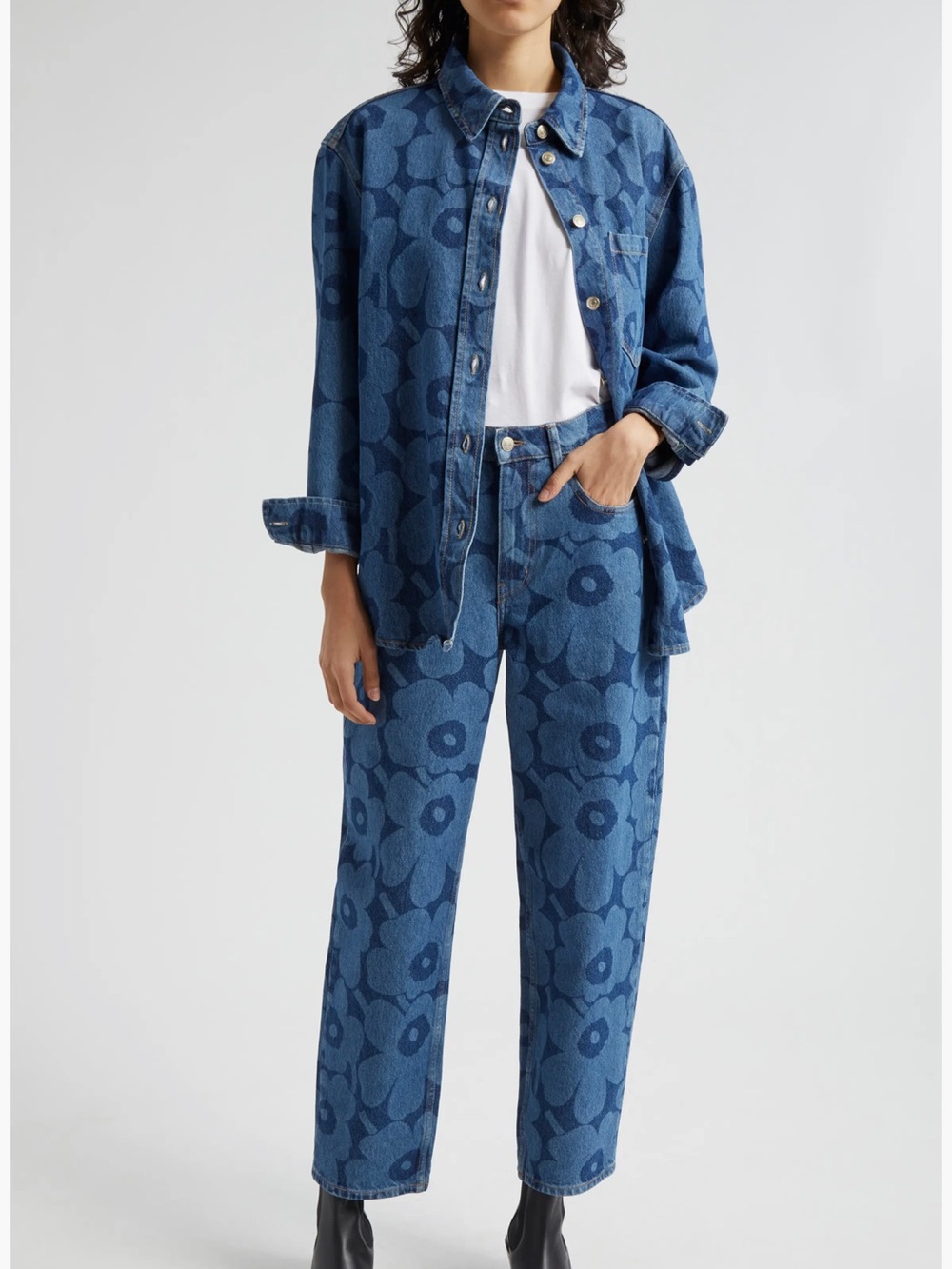 Marimekko Rare Blue Floral-Print Barrel-Leg Jeans